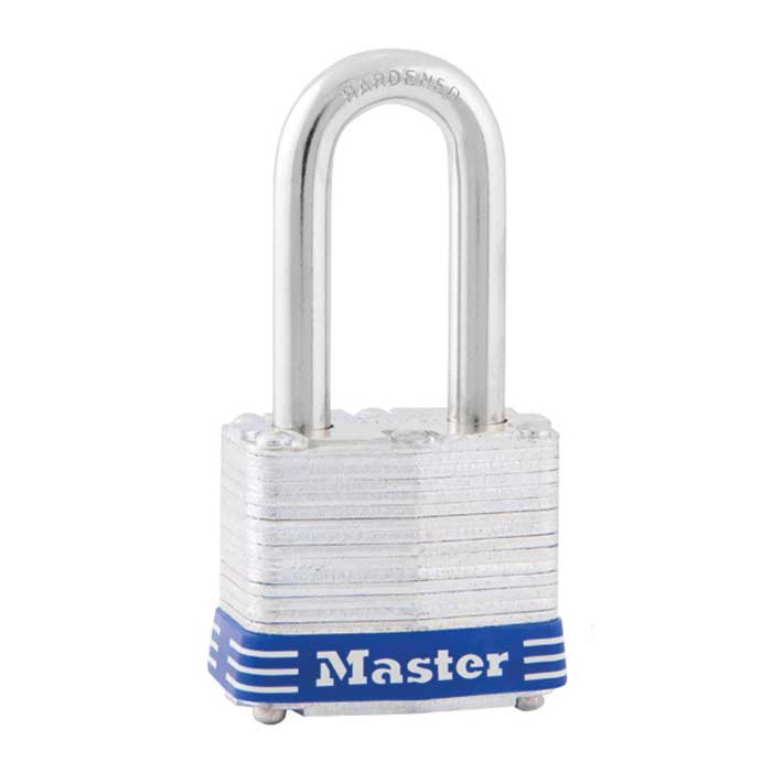 Master Lock Laminated Steel Padlock, Non-Rekeyable, Keyed Alike, Body Width: 1-9/16" (40mm), Shackle Length: 1-1/2" (38mm), Shackle Width: 5/8" (16mm), Shackle Diameter: 9/32" (7mm), Blue