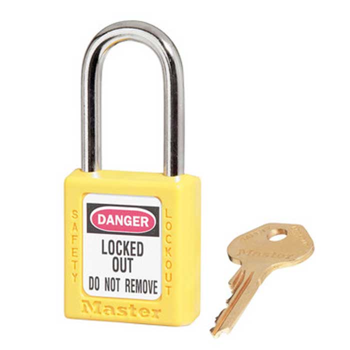 Master Lock Zenex Safety Padlock Thermoplastic, Keyed Different, Body Width: 1-1/2" (38mm), Shackle Length: 1-1/2" (38mm), Shackle Width: 25/32" (20mm), Shackle Diameter: 1/4" (6mm), Yellow