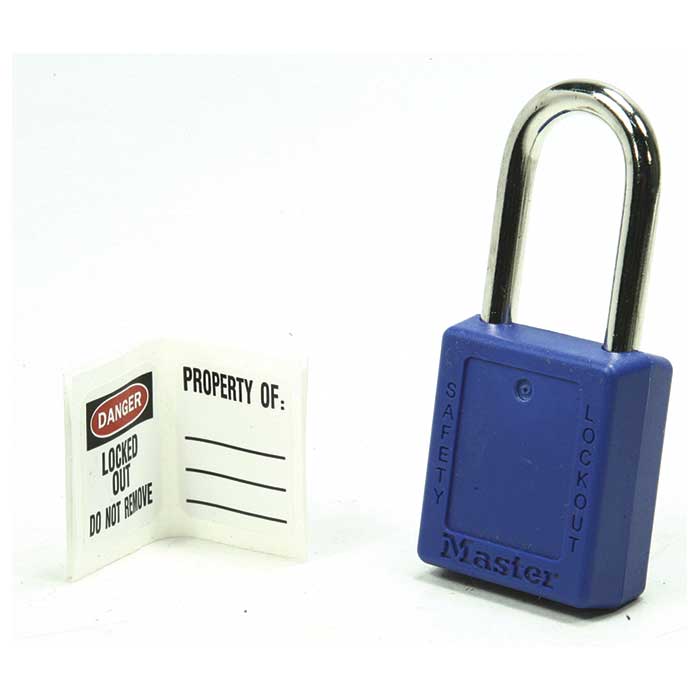 Master Lock Zenex Safety Padlock Thermoplastic, Keyed Different, Body Width: 1-1/2" (38mm), Shackle Length: 1-1/2" (38mm), Shackle Width: 25/32" (20mm), Shackle Diameter: 1/4" (6mm), Blue
